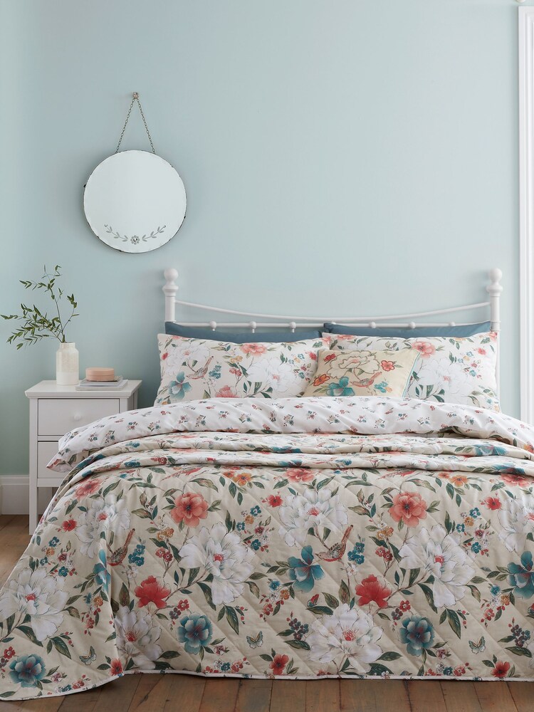 Catherine Lansfield Natural Pippa Floral Birds Reversible Duvet Cover Set - Image 1 of 4