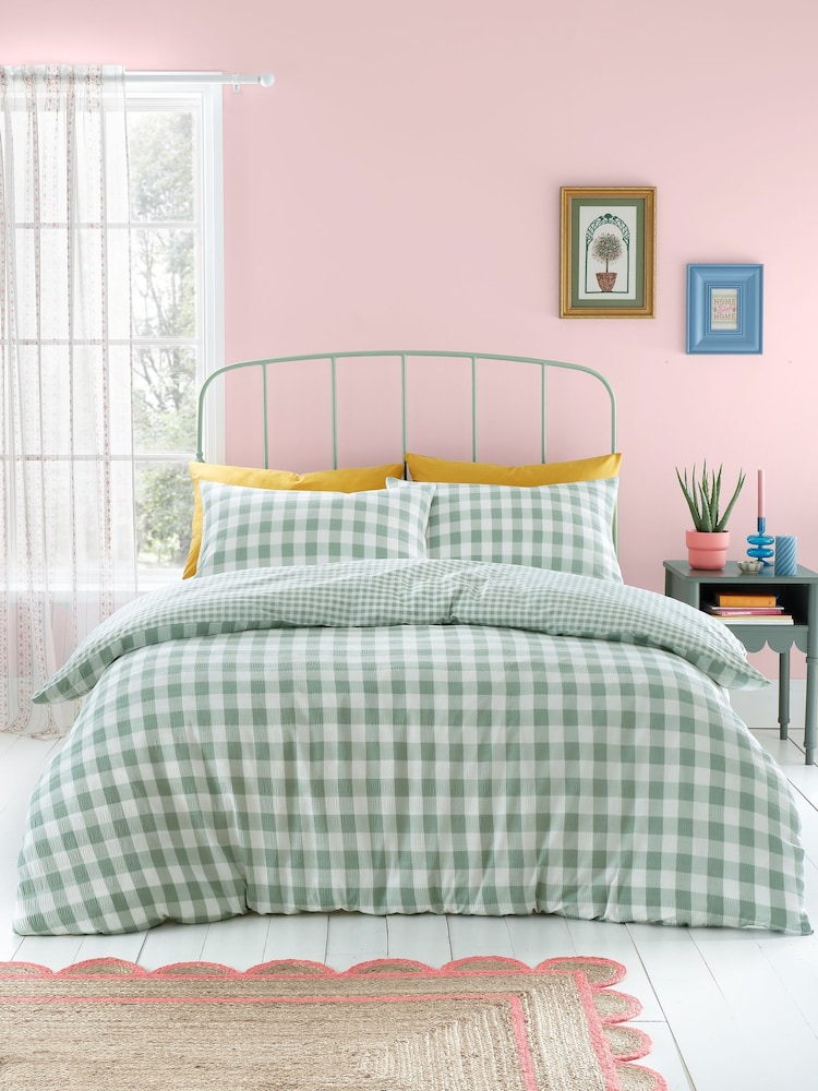Catherine Lansfield Green Seersucker Gingham Check Easy Care Duvet Cover Set - Image 1 of 4