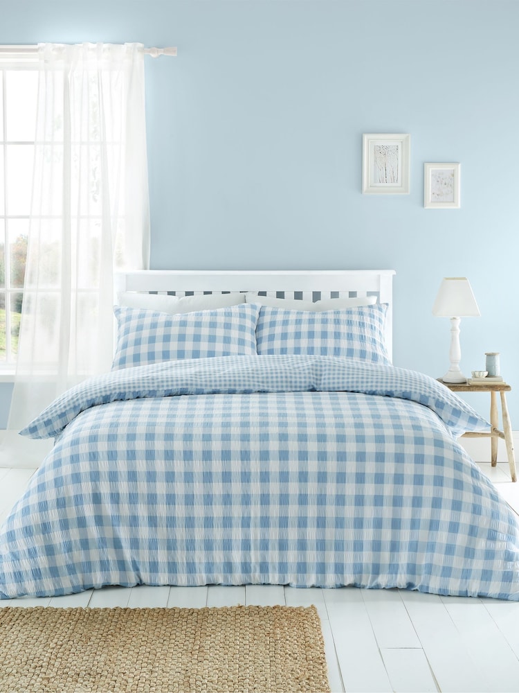 Catherine Lansfield Blue Seersucker Gingham Check Easy Care Duvet Cover Set - Image 1 of 4