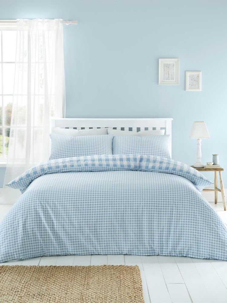 Catherine Lansfield Blue Seersucker Gingham Check Easy Care Duvet Cover Set - Image 2 of 4