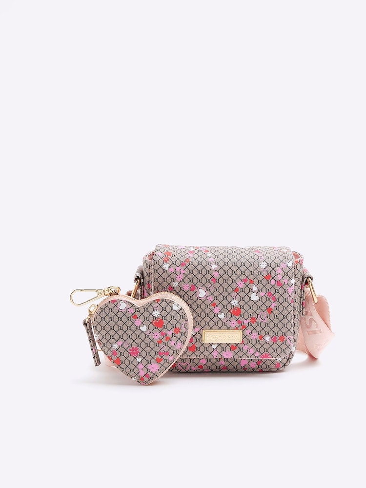 River Island Brown Girls Mono Flower Print Cross-Body Bag - Image 1 of 5 River Island Brown Girls Mono Flower Print Cross-Body Bag - Image 1 of 5
