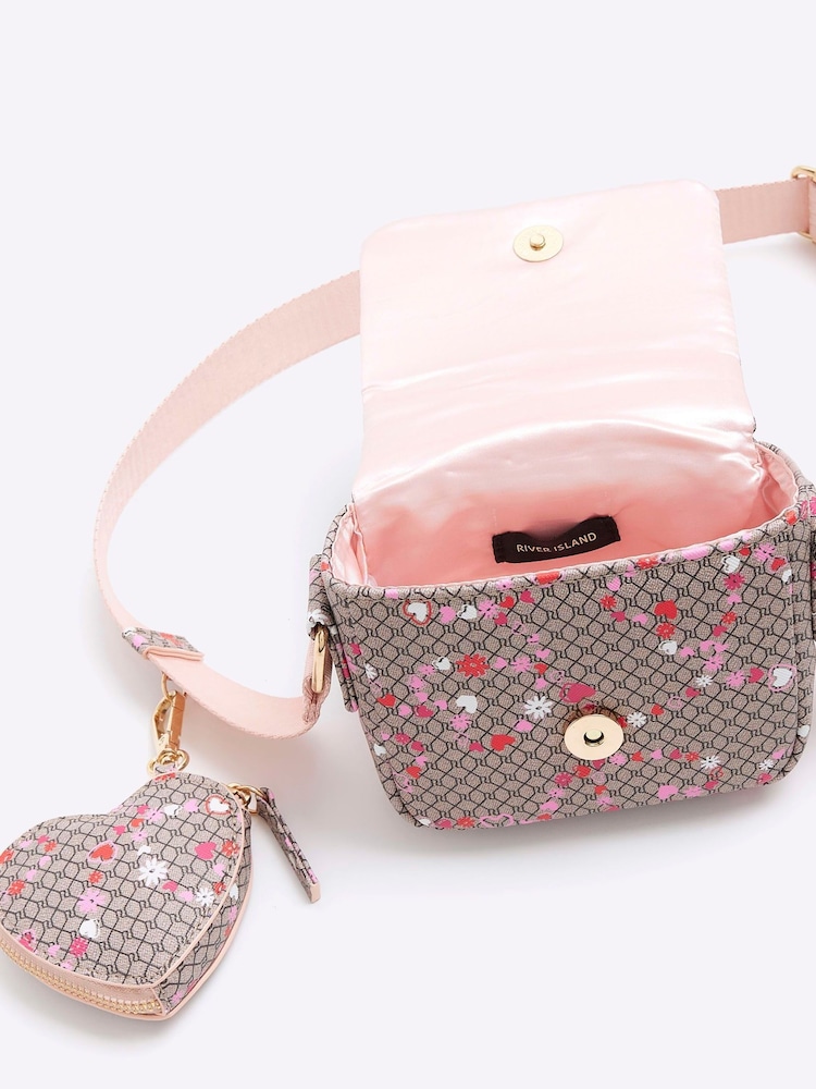 River Island Brown Girls Mono Flower Print Cross-Body Bag - Image 5 of 5 River Island Brown Girls Mono Flower Print Cross-Body Bag - Image 5 of 5