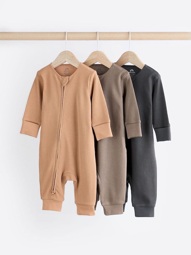 Neutral Tan Brown 100% Cotton Baby Zip Sleepsuits 3 Pack (0-2yrs) - Image 1 of 12