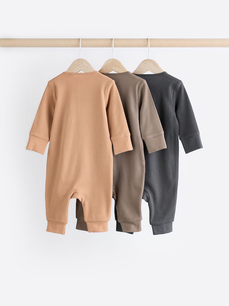 Neutral Tan Brown 100% Cotton Baby Zip Sleepsuits 3 Pack (0-2yrs) - Image 2 of 12
