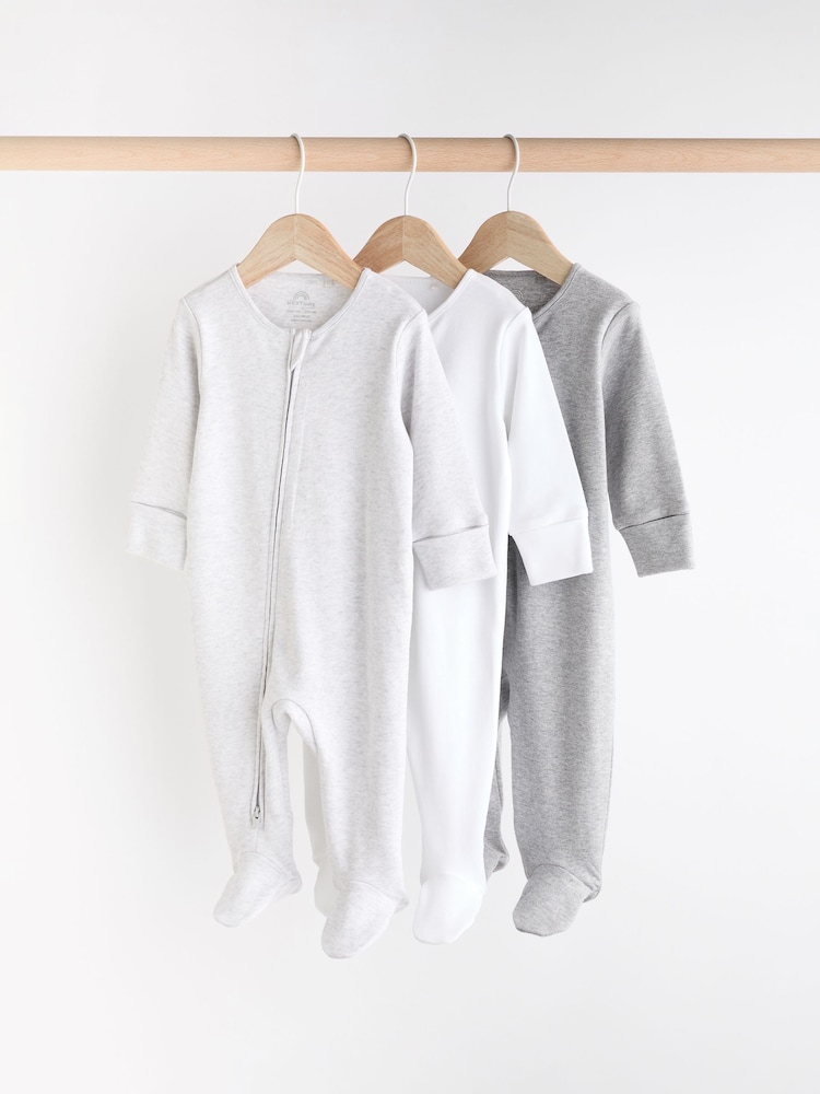Grey Essential Zipped 100% Cotton Baby Sleepsuits 3 Pack (0-3yrs) - Image 1 of 11