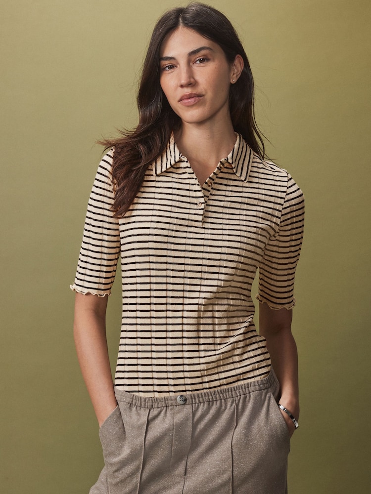 Schwarz/Ecru - Ribbed Lettuce Hem Collared Polo Top - Bild 1 von 7