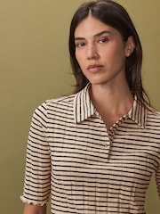 Schwarz/Ecru - Ribbed Lettuce Hem Collared Polo Top - Bild 3 von 7