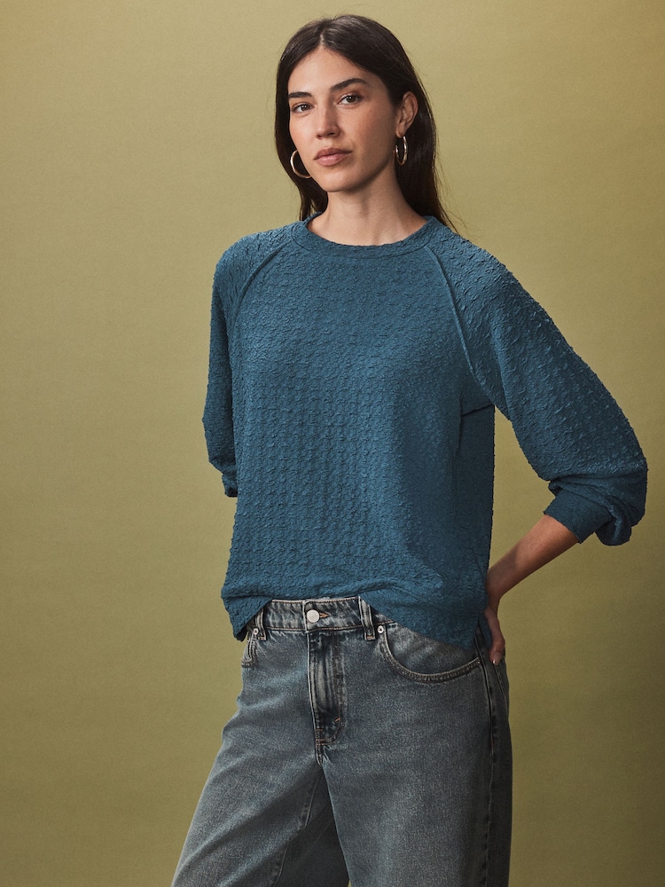 Teal Blue Textured Long Sleeve Top - Image 1 of 5