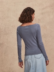 Blue Long Sleeve Ruched Front 100% Cotton Jersey Top - Image 3 of 7
