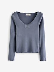 Blue Long Sleeve Ruched Front 100% Cotton Jersey Top - Image 6 of 7