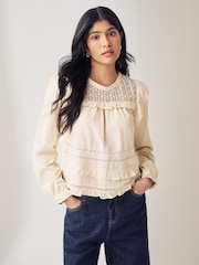 Ecru Long Sleeve Lace Insert Frill 100% Cotton Top - Image 1 of 7