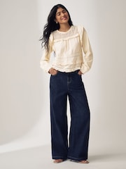 Ecru Long Sleeve Lace Insert Frill 100% Cotton Top - Image 2 of 7