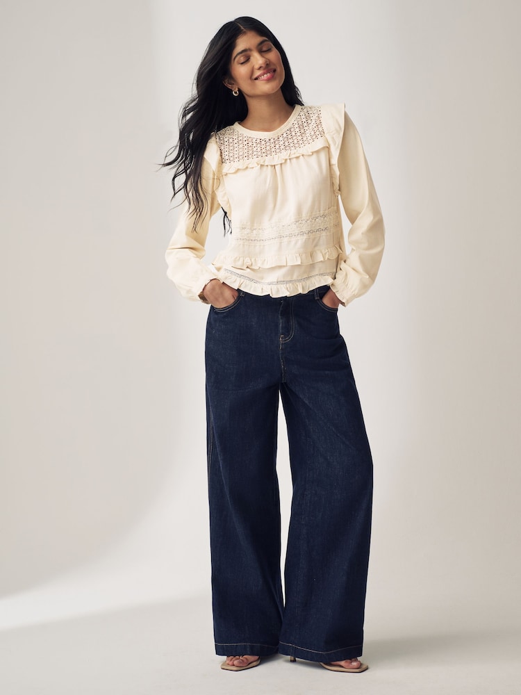 Ecru Long Sleeve Lace Insert Frill 100% Cotton Top - Image 2 of 7