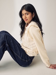 Ecru Long Sleeve Lace Insert Frill 100% Cotton Top - Image 3 of 7