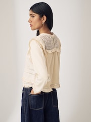 Ecru Long Sleeve Lace Insert Frill 100% Cotton Top - Image 4 of 7