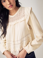 Ecru Long Sleeve Lace Insert Frill 100% Cotton Top - Image 5 of 7