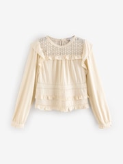 Ecru Long Sleeve Lace Insert Frill 100% Cotton Top - Image 6 of 7