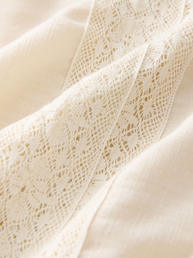 Ecru Long Sleeve Lace Insert Frill 100% Cotton Top - Image 7 of 7