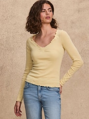 Citrine Yellow Long Sleeve Ruched Front 100% Cotton Jersey Top - Image 1 of 8