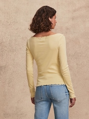 Citrine Yellow Long Sleeve Ruched Front 100% Cotton Jersey Top - Image 2 of 8