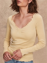 Citrine Yellow Long Sleeve Ruched Front 100% Cotton Jersey Top - Image 4 of 8