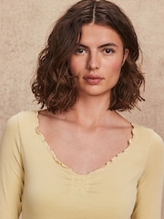 Citrine Yellow Long Sleeve Ruched Front 100% Cotton Jersey Top - Image 5 of 8