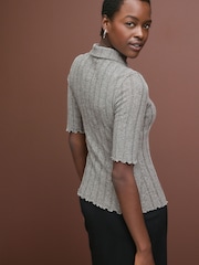 Hellgrau - Ribbed Lettuce Hem Collared Polo Top - Image 3 of 6