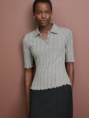 Hellgrau - Ribbed Lettuce Hem Collared Polo Top - Image 4 of 6
