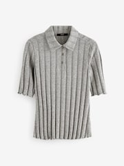 Hellgrau - Ribbed Lettuce Hem Collared Polo Top - Image 5 of 6