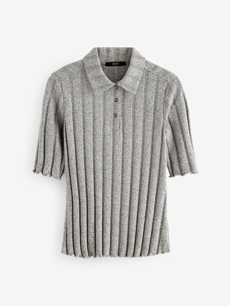 Hellgrau - Ribbed Lettuce Hem Collared Polo Top - Image 5 of 6