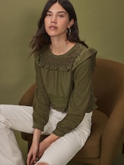 Khaki Green Long Sleeve Lace Insert Frill 100% Cotton Top - Image 1 of 6