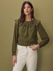Khaki Green Long Sleeve Lace Insert Frill 100% Cotton Top - Image 2 of 6