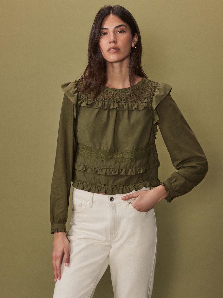 Khaki Green Long Sleeve Lace Insert Frill 100% Cotton Top - Image 2 of 6
