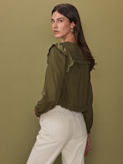 Khaki Green Long Sleeve Lace Insert Frill 100% Cotton Top - Image 3 of 6
