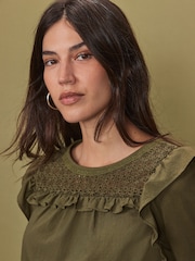 Khaki Green Long Sleeve Lace Insert Frill 100% Cotton Top - Image 4 of 6
