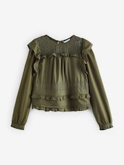 Khaki Green Long Sleeve Lace Insert Frill 100% Cotton Top - Image 5 of 6