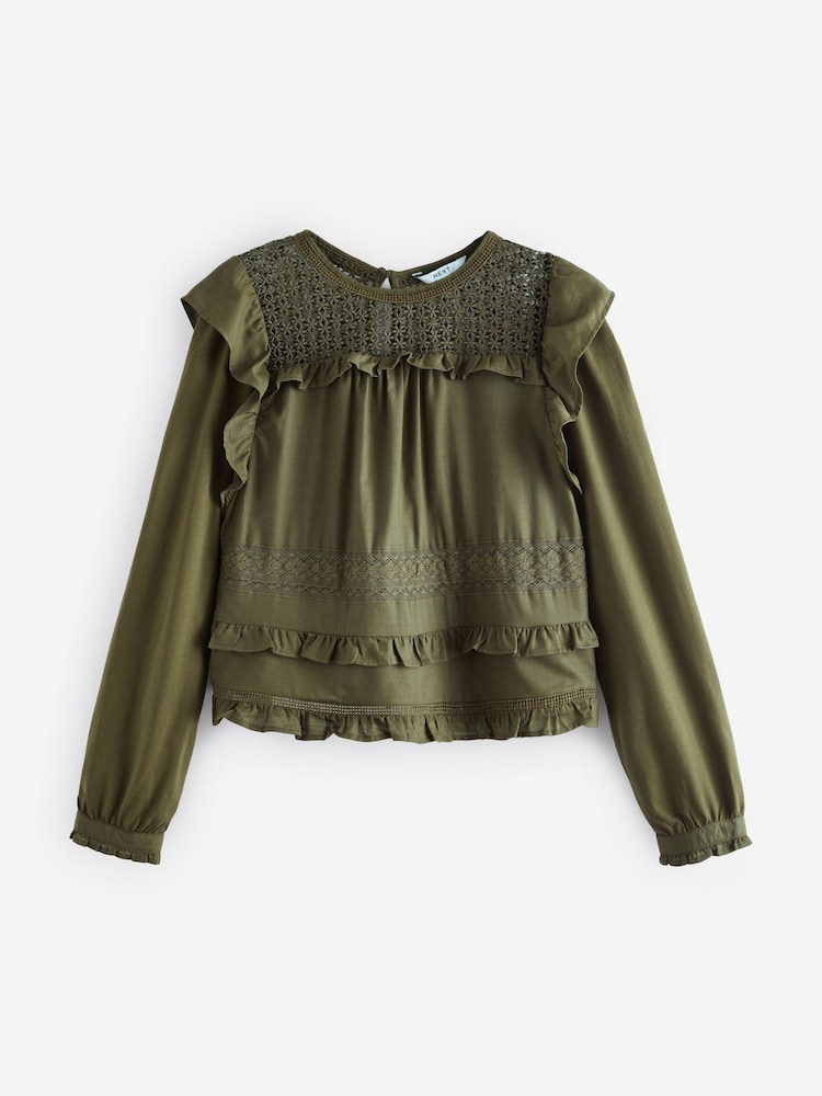 Khaki Green Long Sleeve Lace Insert Frill 100% Cotton Top - Image 5 of 6
