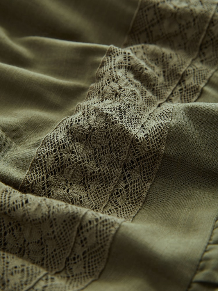 Khaki Green Long Sleeve Lace Insert Frill 100% Cotton Top - Image 6 of 6