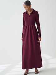 Oxblood Red Long Sleeve Collared Zip Neck 100% Cotton Midi Dress - Image 1 of 6