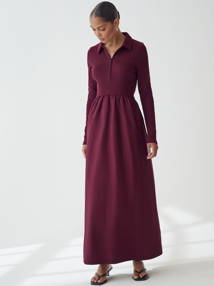 Oxblood Red Long Sleeve Collared Zip Neck 100% Cotton Midi Dress - Image 1 of 6