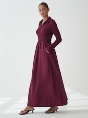 Oxblood Red Long Sleeve Collared Zip Neck 100% Cotton Midi Dress - Image 2 of 6