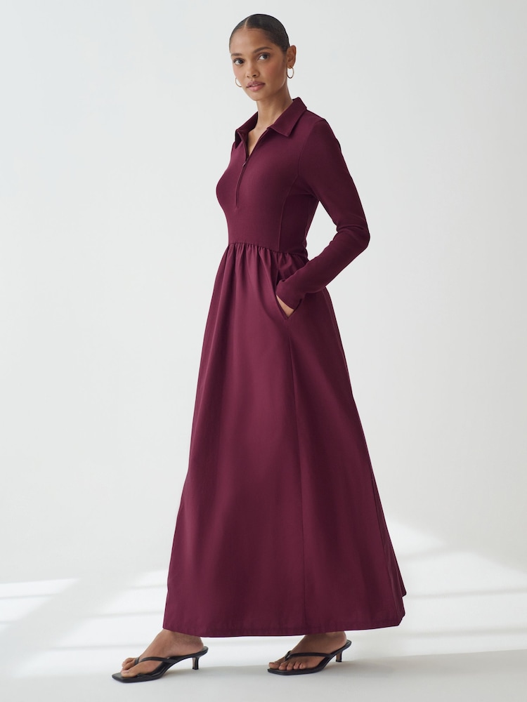 Oxblood Red Long Sleeve Collared Zip Neck 100% Cotton Midi Dress - Image 2 of 6
