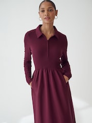 Oxblood Red Long Sleeve Collared Zip Neck 100% Cotton Midi Dress - Image 4 of 6