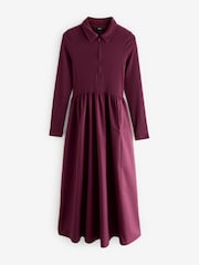 Oxblood Red Long Sleeve Collared Zip Neck 100% Cotton Midi Dress - Image 5 of 6
