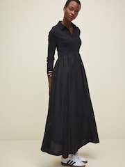 Black Long Sleeve Collared Zip Neck 100% Cotton Midi Dress - Image 2 of 6