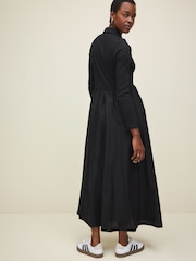 Black Long Sleeve Collared Zip Neck 100% Cotton Midi Dress - Image 3 of 6