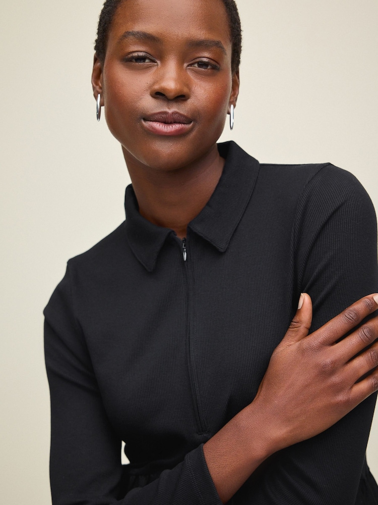 Black Long Sleeve Collared Zip Neck 100% Cotton Midi Dress - Image 4 of 6