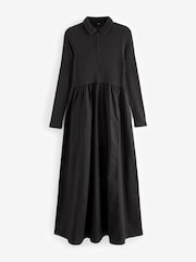 Black Long Sleeve Collared Zip Neck 100% Cotton Midi Dress - Image 5 of 6