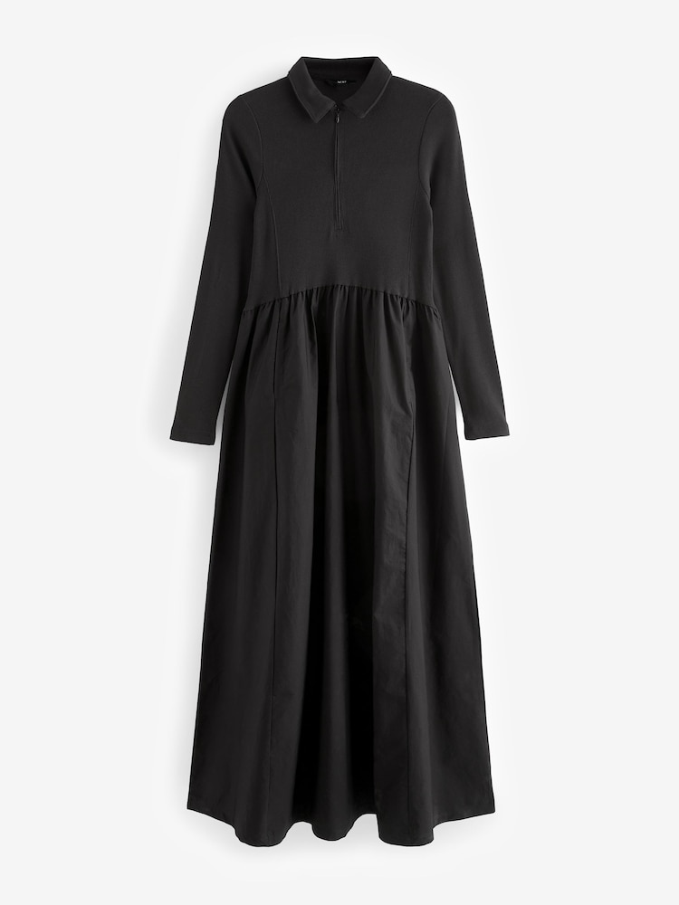 Black Long Sleeve Collared Zip Neck 100% Cotton Midi Dress - Image 5 of 6