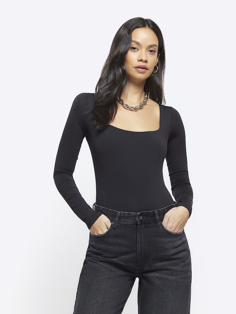 River Island Black Long Sleeve Square Neck Bodysuit - Image 1 of 6